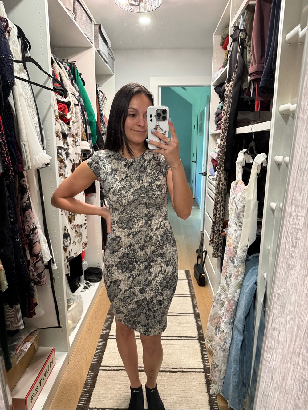 Forever 21 Black and Cream Lace-Print Midi Sheath Dress